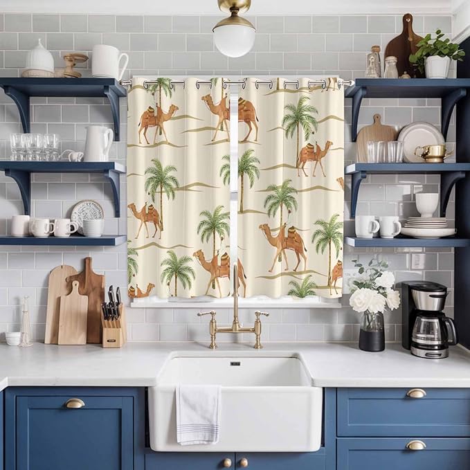 2 Panel Kitchen Cafe Curtains, Date Coconut Tree Sunlight Filtering Nature Air Through, Home Decor Window Covering Tier Curtains for Living Room 104W x 84L inch Desert Camels Botanical Tropical Beige