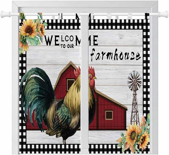Farmhouse Rooster Living Room Curtains 84 Inch Length, Window Curtains Tab Top, Rustic Red Barn Windmill Sunflowers Light Filtering Window Treatments Drapes 42"x84" 2 Panel