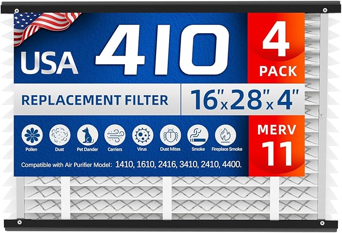4 Pack, 410 Replacement Air Filter, Nominal Size: 16x25x4, Actual Size: 16.04"x27.91"x3.91" HVAC Furnace Filter, Compatible with AprilAire Models 1410, 1610, 2410, 2416, 3410, 4400, MERV 11