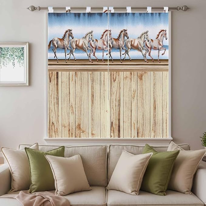 Western Horse Bedroom Curtains 72 Inch Length, Window Curtains Tab Top, Farmhouse Wooden Grain Vintage Cowboy Barn Door Light Filtering Window Treatments Drapes 52"x72" 2 Panel