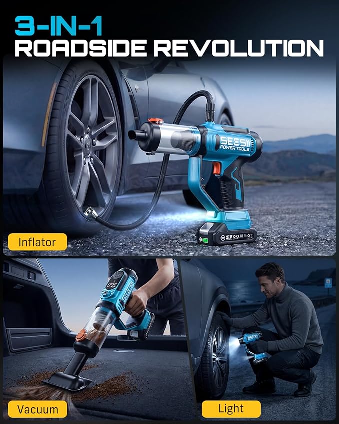 SEESII 3-in-1 Tire Inflator: Portable Air Compressor & Car Vacuum Cleaner & Led Work Light with 2×2000mAh Batteries, 21V Tire Air Pump 150PSI w/Digital Gauge+Auto-Shutoff for Ball/Motorcycle/Car/Home
