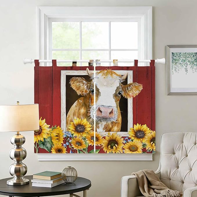 Cows Sunflowers Kitchen Curtains 45 Inch Length, Short Cafe Window Curtains Tab Top, Spring Floral Bees Farmhouse Barn Light Filtering Window Treatments Tier Drapes 27.5"x45" 2 Panel