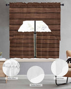 Brown Wooden Board Swag Kitchen Curtains Valance and Tier Set, Vintage Wood Grain Farmhouse Barn Themes Light-Filtering Swag Valance 24 Inch Length, Rod Pocket Short Curtain for Bedroom Cafe