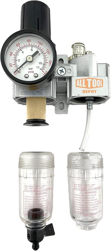1/4" NPT Mini Compressed Air In Line Filter Regulator Lubricator Oiler Combo Piggyback, Poly Bowl And Metal Body, 5 Micron Element, Adjustable From 7 to 140 PSI (MANUAL DRAIN)