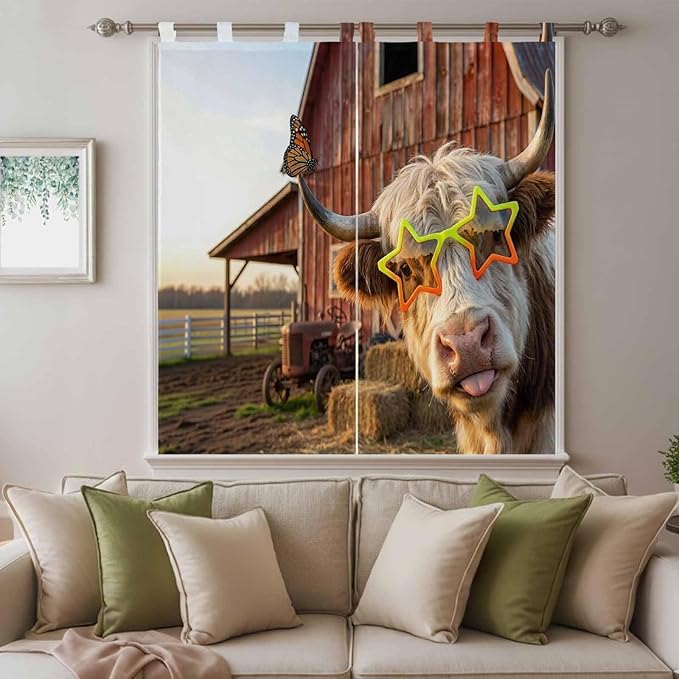 Farm Yaks Living Room Curtains 84 Inch Length, Window Curtains Tab Top, Farmhouse Barn Funny Animals Butterfly Light Filtering Window Treatments Drapes 42"x84" 2 Panel