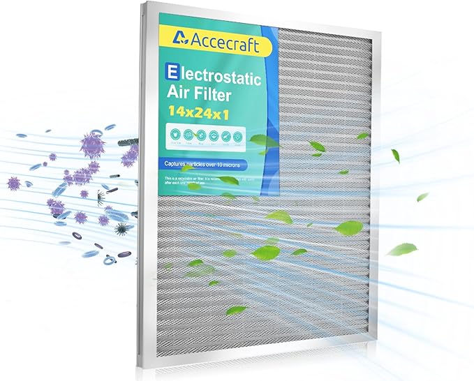 14x24x1 Electrostatic Air Filter, Washable & Reusable Aluminum AC/HVAC Furnace Filter, MERV 8, Lasts a Lifetime, Healthier Home or Office(Actual Size: 13.38"x23.38"x0.86")