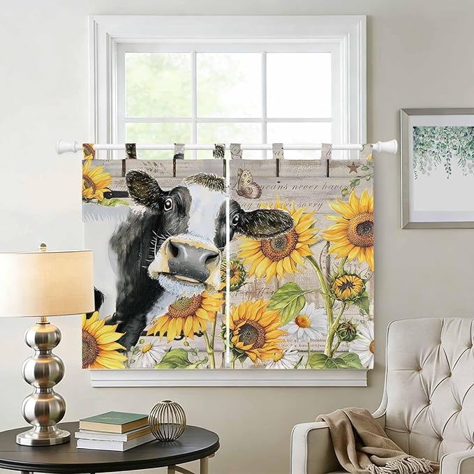 Yellow Sunflowers Kitchen Curtains 45 Inch Length, Short Cafe Window Curtains Tab Top, Farmhouse Cow Barn Doors Floral Butterfly Light Filtering Window Treatments Tier Drapes 27.5"x45" 2 Panel