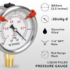 -30 inHg to 0 Vacuum Pressure Gauge, Glycerin Liquid Filled, 2.5 inch Dial, 1/4" NPT Lower Mount, Stainless Steel Case, for Air Conditioning Line, Tank, Air Pump, HVAC, Pipe, Pressure Test