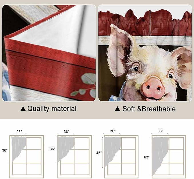 Pig Sunflowers Swag Valances for Windows, Eucalyptus Leaves Floral Bees Red Barn Rod Pocket Kitchen Curtains Valance, Small Window Curtains Swag for Cafe Bathroom Living Room, 2 Panels, 28x36 inch