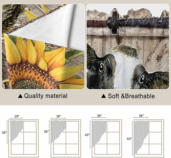 Retro Farmhouse Flower Swag Valances for Windows, Yellow Sunflowers Cow Barn Doors Brown Rod Pocket Kitchen Curtains Valance, Small Window Curtains Swag for Cafe Living Room, 2 Panels, 36x36 inch