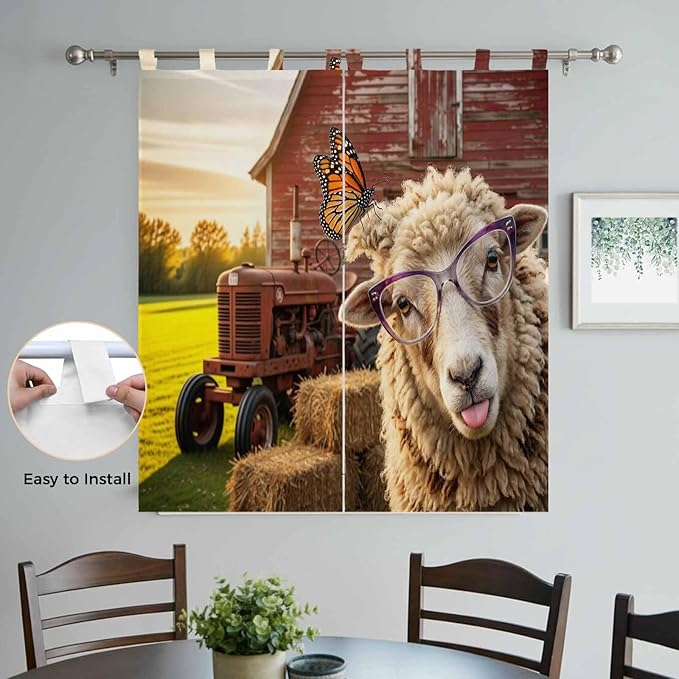 Farm Sheep Bedroom Curtains 72 Inch Length, Window Curtains Tab Top, Farmhouse Barn Funny Animals Butterfly Light Filtering Window Treatments Drapes 52"x72" 2 Panel