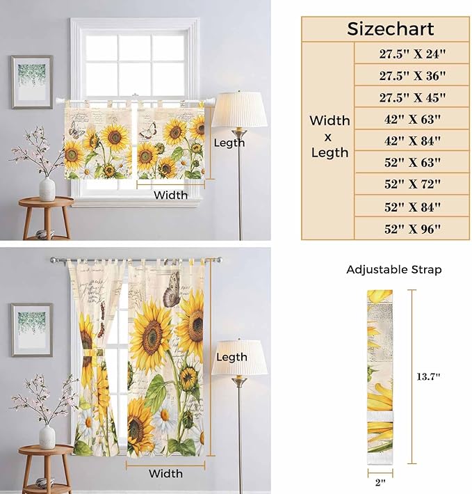Yellow Sunflowers Kitchen Curtains 24 Inch Length, Small Window Curtains Tab Top, Country Farm Butterfly Flower Light Beige Light Filtering Short Window Treatments Tier Drapes 27.5"x24" 2 Panel