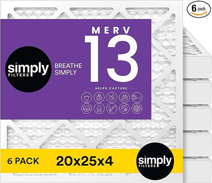 Simply 20x25x4 Air Filter, MERV 13, 6 Pack, Furnace Air Filter for HVAC (Actual Size:19.5"x24.5"x3.63") DUST, Pet, & Allergy Control
