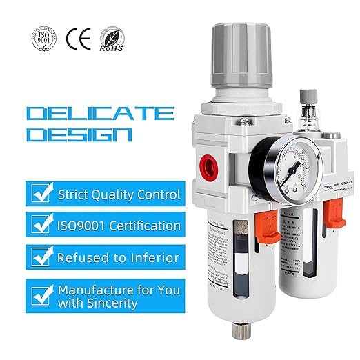 NANPU 3/8" NPT Compressed Air Filter Regulator Lubricator Combo, Water/Oil Trap Separator - Gauge(0-150 psi), Poly Bowl, Semi-Auto Drain, Bracket
