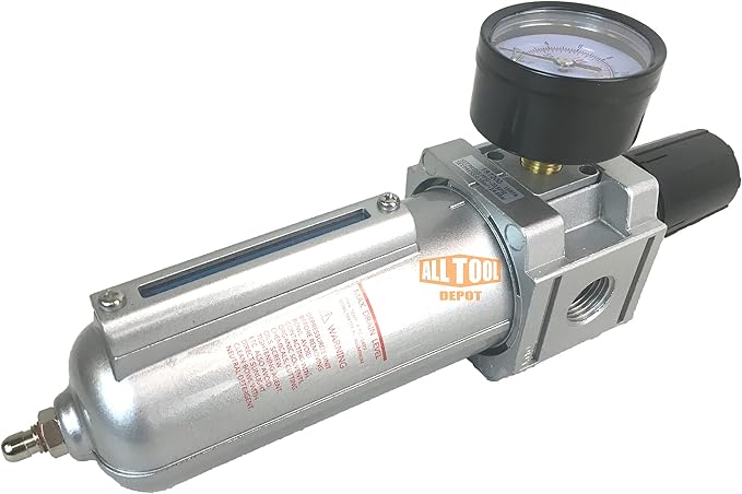 1/2" NPT HEAVY DUTY Compressed Air In Line Filter Regulator Combo Piggyback, Metal Bowl, 5 Micron Element, Adjustable From 7 to 215 PSI (MANUAL DRAIN)