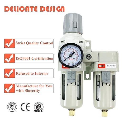 RIH Air Dryer System - 3/8”NPT Double Air Filters-5 Micron Particulate Filter& Air Pressure Regulator - Gauge(0-150 psi), Semi-Auto Drain, Poly Bowl,Bracket - 3 in 1 Two Unit