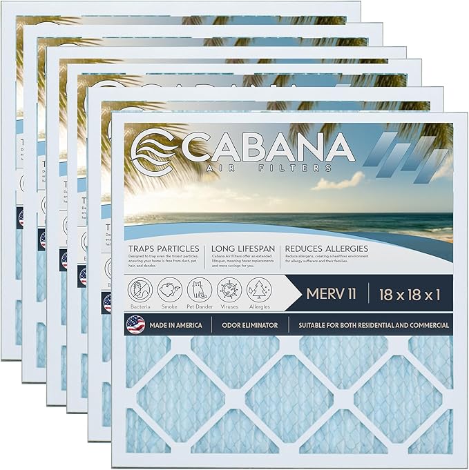 Cabana Filters 6-Pack 18x18x1 MERV 11 AC Furnace Air Filter for Home and Office - Indoor HVAC System Filtration Replacement, Captures Unwanted Particles