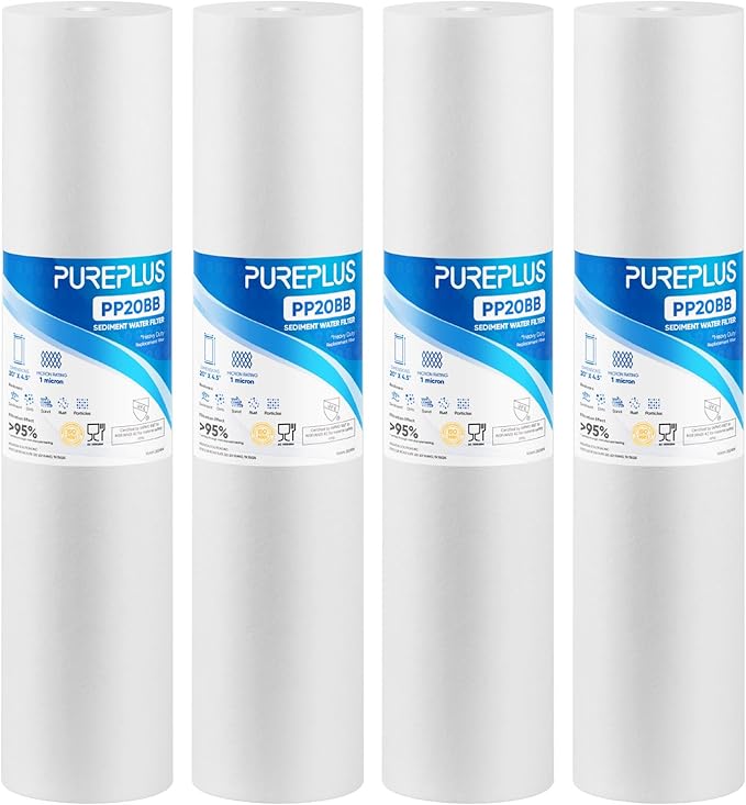 PUREPLUS 1 Micron 20" x 4.5" Whole House Sediment Home Water Filter Replacement Cartridge, Compatible with DGD-2501-20, AP810-2, P1-20BB, FP25B, FPMB-BB1-20, SDC-45-2001, 4 Pack