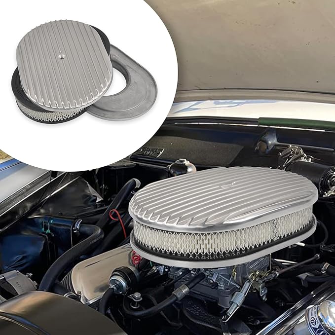 12" Air Cleaner Kit Polished Aluminum Classic Nostalgia Oval Fully Finned Compatible with Classic Chevy Ford 5-1/8” Carb Holley Edelbrock
