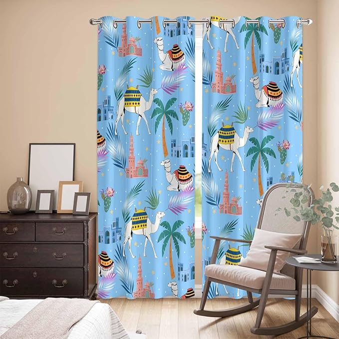 2 Panel Kitchen Cafe Curtains, Desert Landscape Sunlight Filtering Nature Air Through, Window Decor Tier Curtains for Living Room 104W x 90L inch Cute Camels Palm Trees Houses Leaves Blue