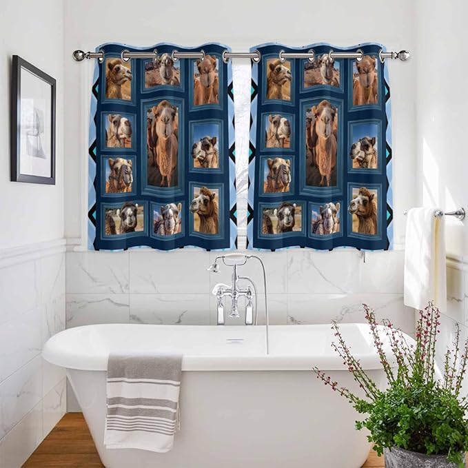 2 Panel Kitchen Cafe Curtains, Desert Camels Sunlight Filtering Nature Air Through, Home Decor Window Covering Tier Curtains for Living Room 104W x 52L inch Wildlife Brown Animals Blue Geometric