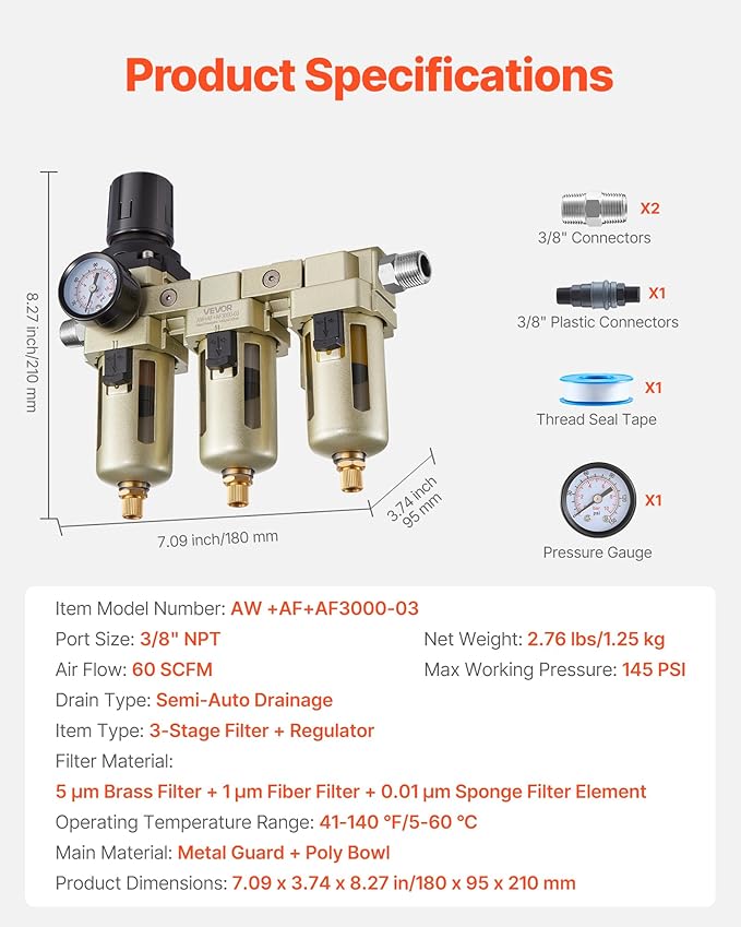 VEVOR Air Compressor Filter Regulator, 3/8" NPT 3-Stage Air Compressor Water Separator with 5μm/1μm/0.01μm Micron Filter Elements, Semi Auto Drain Air-Drying System 145PSI Max Pressure, Poly Bowl