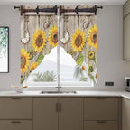 Farmhouse Sunflowers Swag Valances for Windows, Rustic Barn Doors Flowers Butterfly Wooden Rod Pocket Kitchen Curtains Valance, Small Window Curtains Swag for Cafe Living Room, 2 Panels, 28x36 inch