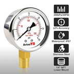 0-30 PSI Pressure Gauge, Glycerin-Filled, 2-Inch Stainless Steel Gauge, 1/4" NPT Lower Mount, Waterproof for Air Compressor, Water Pump, Hydraulic and Pneumatic Systems