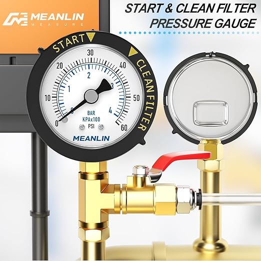 MEANLIN MEASURE 0~60Psi Stainless Steel Start and Clean Filter Pressure Gauge 1/4" NPT Waterproof for Pool Filter Pump Swimming Pool, Spa Lower Mount with Rotatable Plastic Frame and Hex Bushing