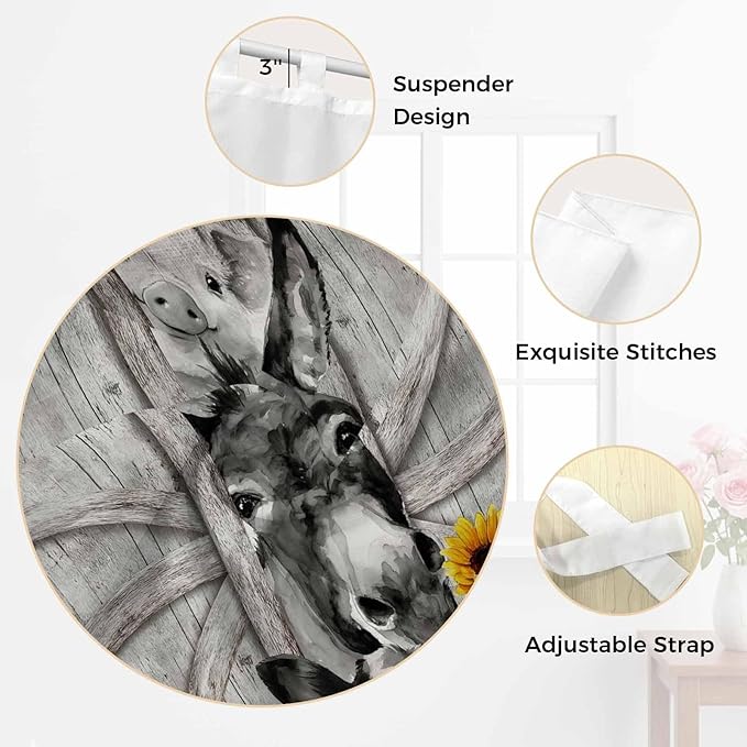 Funny Farm Animals Bedroom Curtains 63 Inch Length, Window Curtains Tab Top, Vintage Barn Grey Sunflowers Light Filtering Window Treatments Drapes 42"x63" 2 Panel