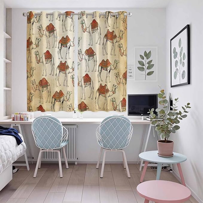 2 Panel Kitchen Cafe Curtains, Desert Sand Camel Sunlight Filtering Nature Air Through, Home Decor Window Covering Tier Curtains for Living Room 104W x 63L inch Summer Tropical Animals Vintage Beige