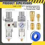 Tuanse Manual Drain 3/8" NPT Compressed Air Filter Regulator Piggyback Combo, Fiber Element, High Flow, 0-150 Psi Gauge, Poly Bowl, Metal Bracket, Install Kit Included