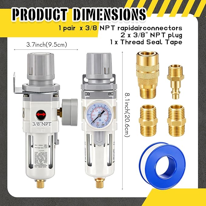 Tuanse Manual Drain 3/8" NPT Compressed Air Filter Regulator Piggyback Combo, Fiber Element, High Flow, 0-150 Psi Gauge, Poly Bowl, Metal Bracket, Install Kit Included