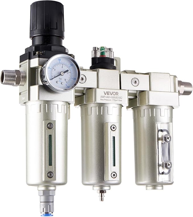 VEVOR Air Compressor Filter Regulator, 1/2" NPT 3-Stage 5μm & 0.3μm & 0.1μm Air Drying System with Micron Filters and Desiccant Dryer, Auto Drain Air Compressor Water Separator 175PSI Max Pressure