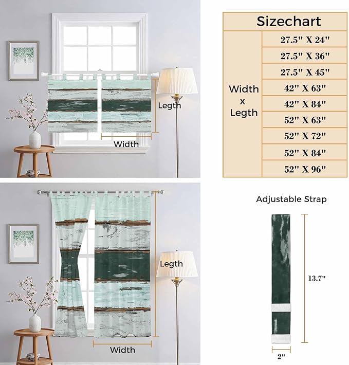 Blue Teal Bathroom Curtains 63 Inch Length, Window Curtains Tab Top, Vintage Wooden Retro Art Farmhouse Barns Light Filtering Window Treatments Drapes 52"x63" 2 Panel