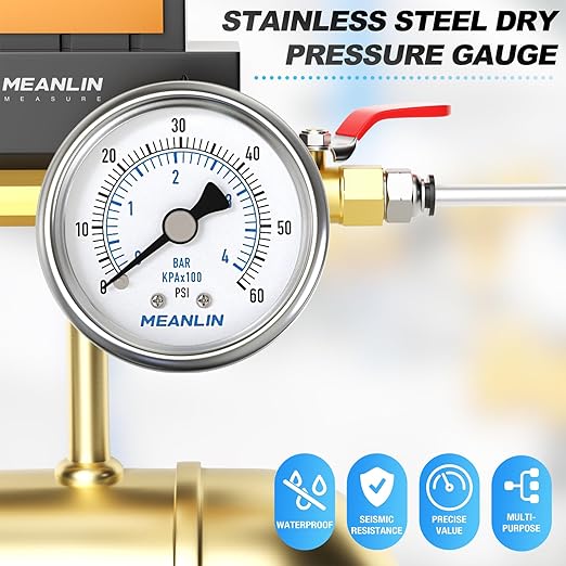 MEANLIN MEASURE 0~60Psi Dry Pressure Gauge Stainless Steel 1/8" NPT 2" FACE DIAL Waterproof for Pool Filter Pump Oil Air Compressor Tire Pressure Tester Back Mount with 1/4"NPT and 3/8"NPT Hex Bushing
