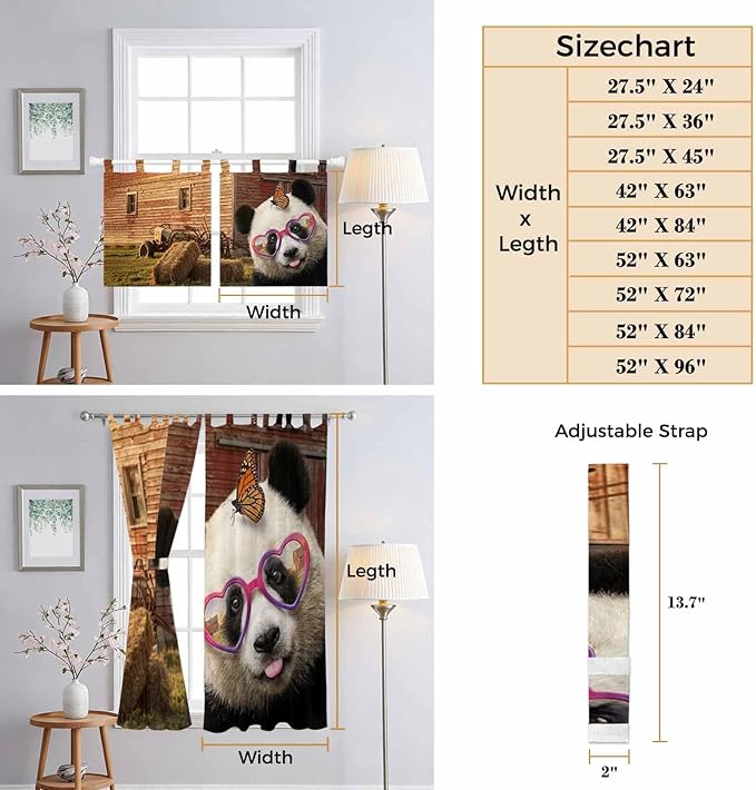 Farm Panda Bedroom Curtains 63 Inch Length, Window Curtains Tab Top, Farmhouse Barn Funny Animals Butterfly Light Filtering Window Treatments Drapes 42"x63" 2 Panel