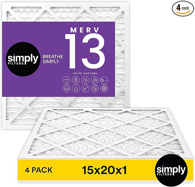 Simply 15x20x1 Air Filter, MERV 13, 4 Pack, For Home AC Furnace & HVAC (Actual Size: 14.75"x19.75"x0.75") DUST, Pet, & Allergy Control