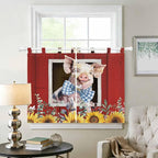 Pig Sunflowers Kitchen Curtains 45 Inch Length, Short Cafe Window Curtains Tab Top, Eucalyptus Leaves Floral Bees Red Barn Light Filtering Window Treatments Tier Drapes 27.5"x45" 2 Panel