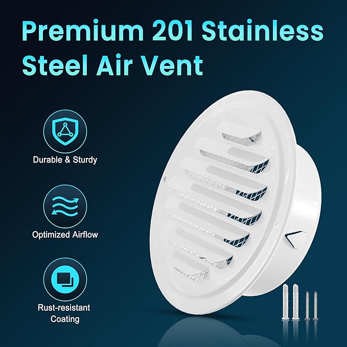 HG Power 4 Inch Soffit Vents, Stainless Steel Round Air Vent with Screen Mesh, Louver Exhaust Vent Cover for Wall Garage, Kitchen, Attic & House Ventilation, 4- Pack, White