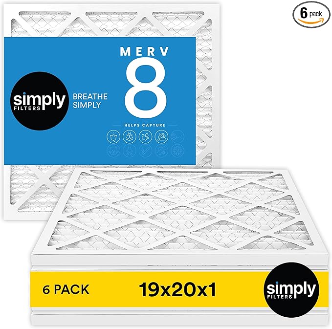 Simply 19x20x1 Air Filter, Merv 8, 6 Pack, For Home AC Furnace & HVAC (Actual Size: 18.75"x19.75"x0.75") DUST, Pet, & Allergy Control