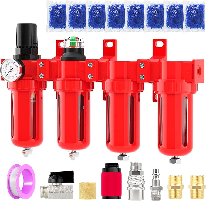 Industrial Grade 4-Stage Aluminum Air Drying System, 3/8 Inch NPT, 0-150 PSI, Double Desiccant Dryer, air Regulator, Particulate Filter and Coalescing Filter (Manual Drainage)