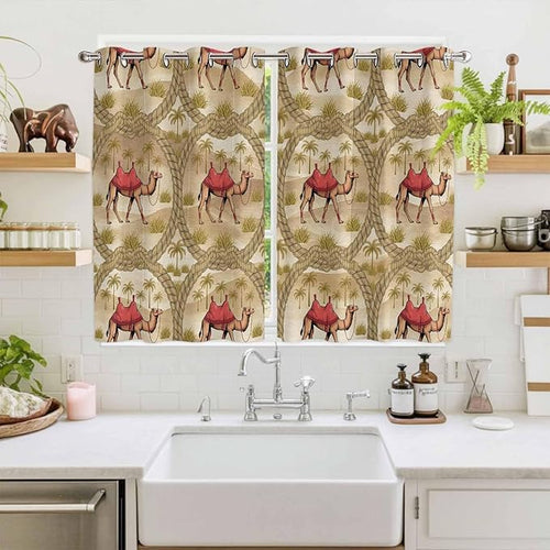 2 Panel Kitchen Cafe Curtains, Desert Camels Sunlight Filtering Nature Air Through, Home Decor Window Covering Tier Curtains for Living Room 104W x 63L inch Tropical Palm Trees Sand Cords Brown