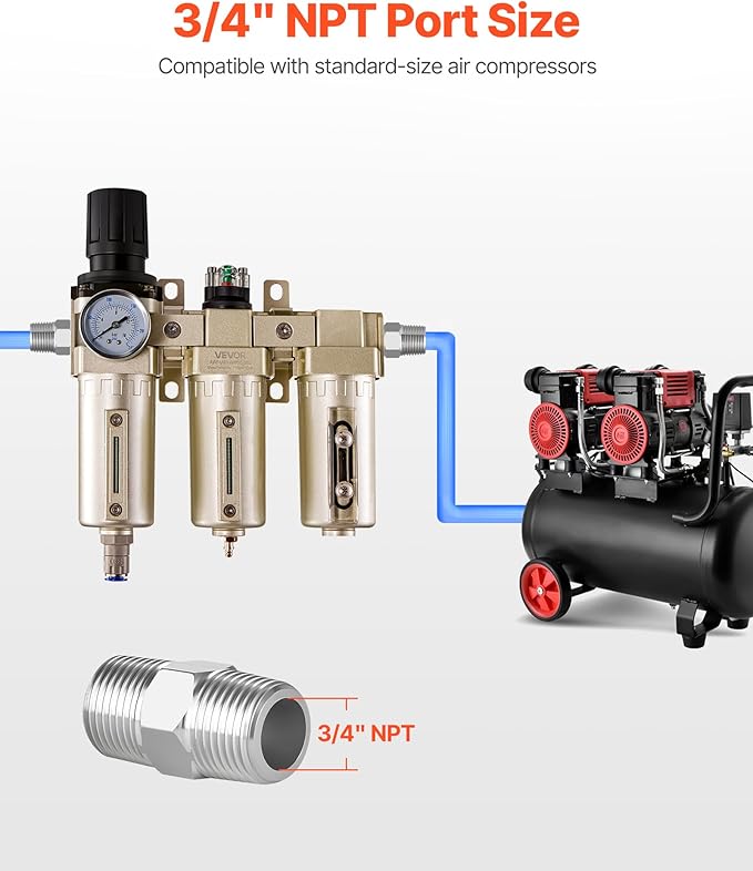 VEVOR Air Compressor Filter Regulator, 3/4" NPT 3-Stage 5μm & 0.3μm & 0.1μm Air Drying System with Micron Filters and Desiccant Dryer, Auto Drain Air Compressor Water Separator 175PSI Max Pressure