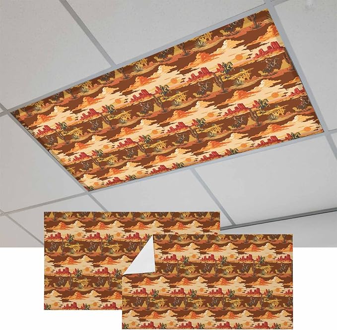 Tropical Plant Cactus Fluorescent Light Covers 2 Pack Western Cowboy Horse Sunset Deserts Brown Magnetic Fluorescent Ceiling Lights Filters for Office Classroom Home Drop Ceiling 4x2 Feet
