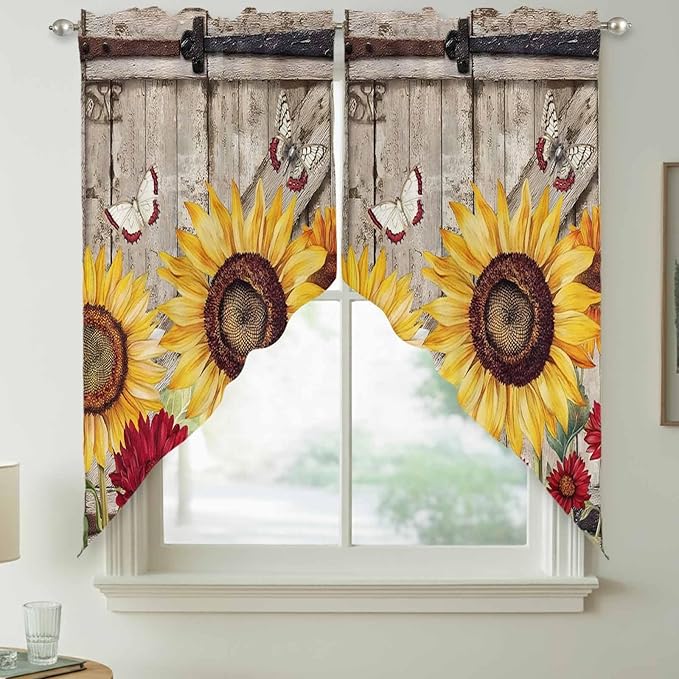 Sunflowers Swag Valances for Windows, Retro Flower Barn Doors Butterfly Farmhouse Brown Rod Pocket Kitchen Curtains Valance, Small Window Curtains Swag for Cafe Living Room, 2 Panels, 36x36 inch