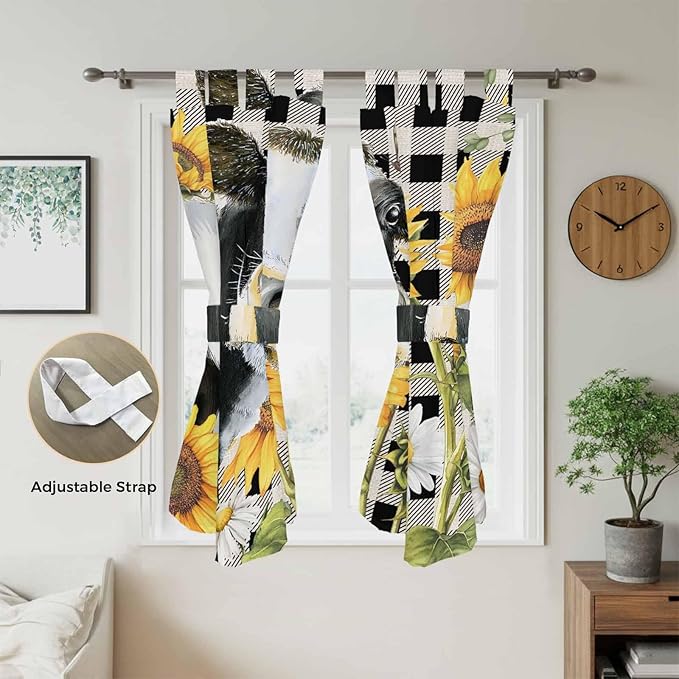 Retro Sunflowers Bedroom Curtains 72 Inch Length, Window Curtains Tab Top, Farmhouse Floral Cow Butterfly Black Plaid Light Filtering Window Treatments Drapes 52"x72" 2 Panel