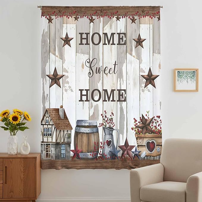 Farmhouse Sheer Curtains 72 Inch Length Retro Country Star Berry Vintage Wood Grain Chiffon Curtain for Bedroom Living Room Light Filtering Rod Pocket Window Treatments Voile Curtains Drapes