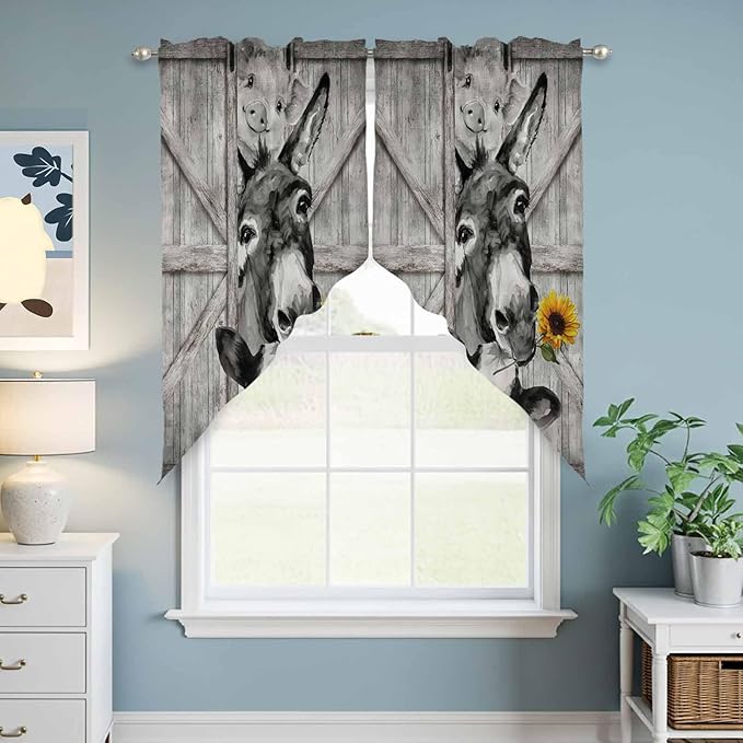Funny Farm Animals Swag Valances for Windows, Vintage Barn Grey Sunflowers Rod Pocket Kitchen Curtains Valance, Small Window Curtains Swag for Cafe Bathroom Living Room, 2 Panels, 28x36 inch