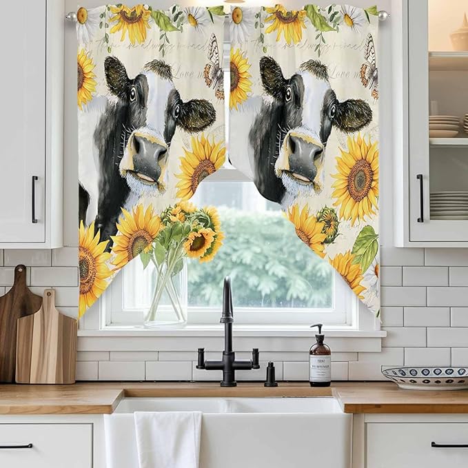 Yellow Sunflowers Swag Valances for Windows, Country Cow Flower Butterfly Farmhouse Cream Rod Pocket Kitchen Curtains Valance, Small Window Curtains Swag for Cafe Living Room, 2 Panels, 28x36 inch
